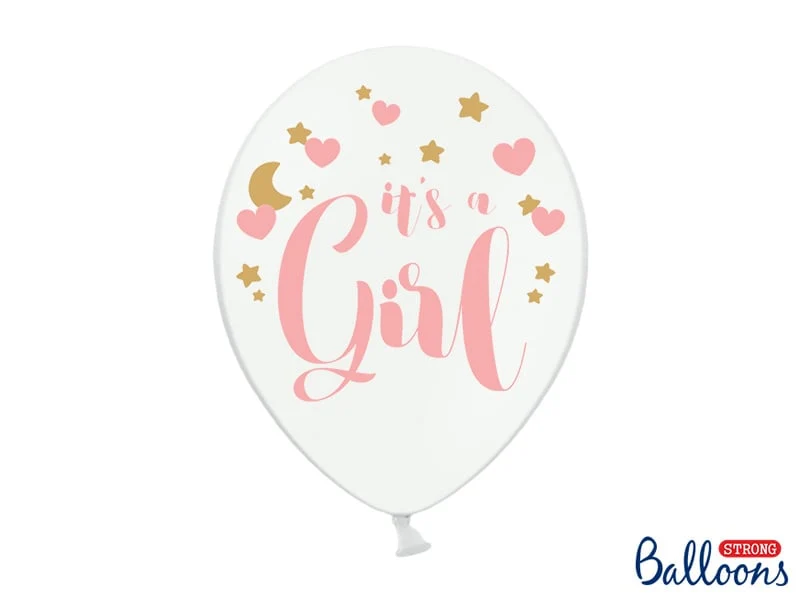 Pastel Puur Witte Ballonnen It's A Girl Pink/Goud (6st)