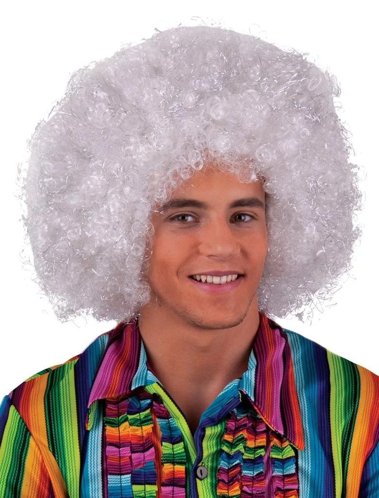 Pruik maxi afro Sam wit zilver