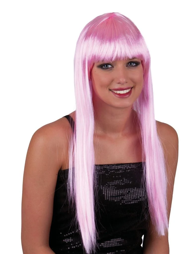 Pruik lang stijl roze haar met pony
