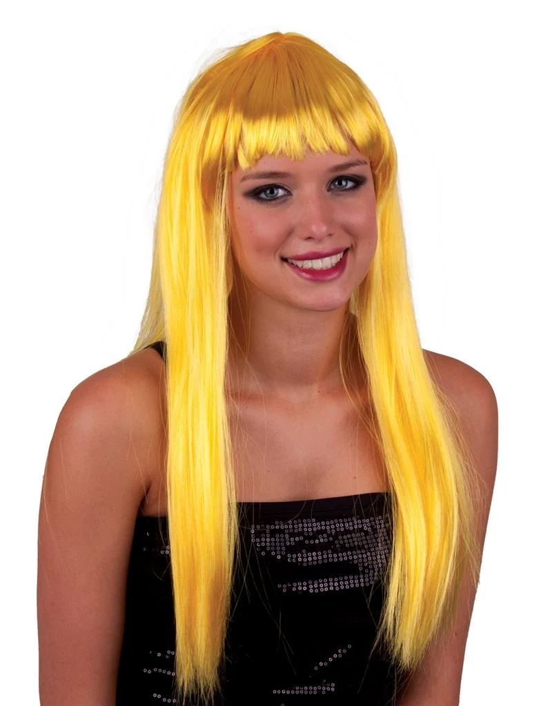 Pruik lang stijl geel haar met pony