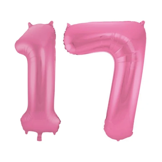 Folieballon 17 jaar metallic roze mat 86cm