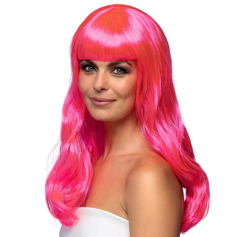 Hard roze pruik lang golvend haar Chique