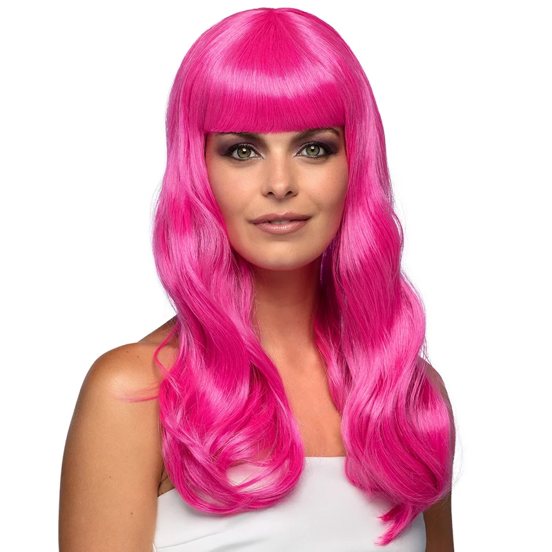 Roze pruik lang golvend haar Chique icy