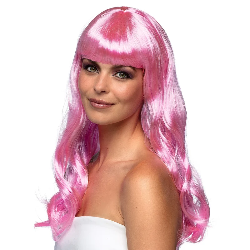Licht roze pruik lang golvend haar Chique