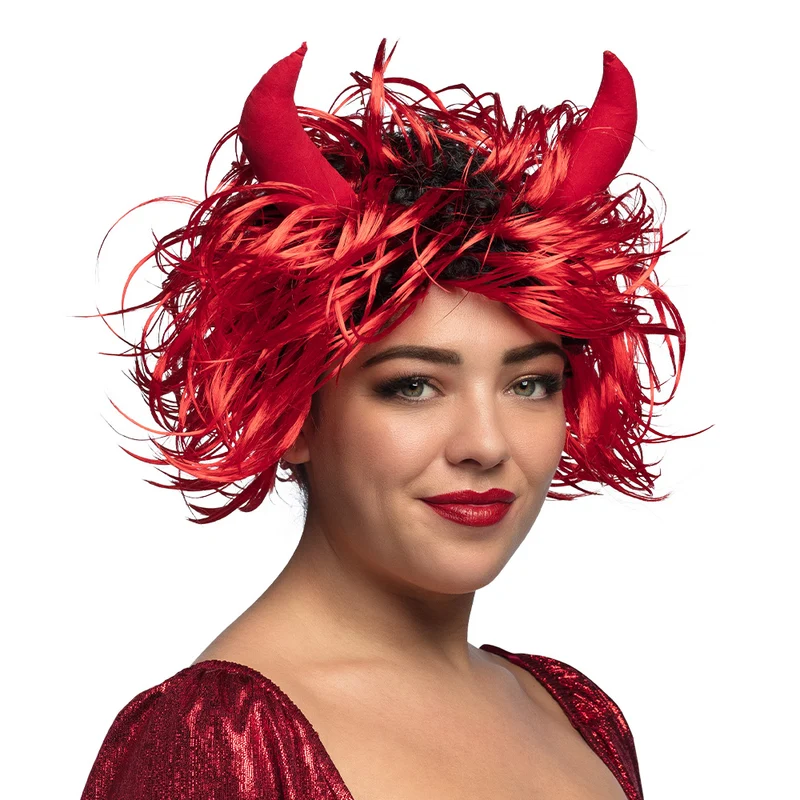 Duivel pruik Curly met hoorns