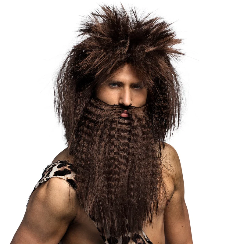 Pruik Holbewoner bruin met baard