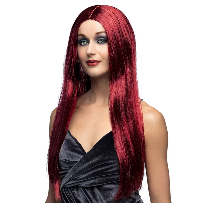 Pruik lang haar rood Heks mahonie