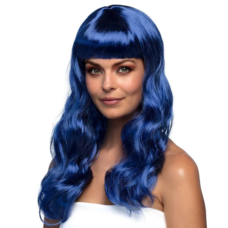 Blauwe pruik lang golvend haar Chique