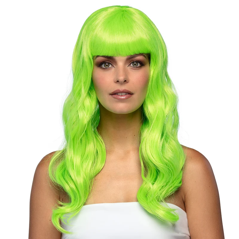 Lime groene pruik lang golvend haar Chique