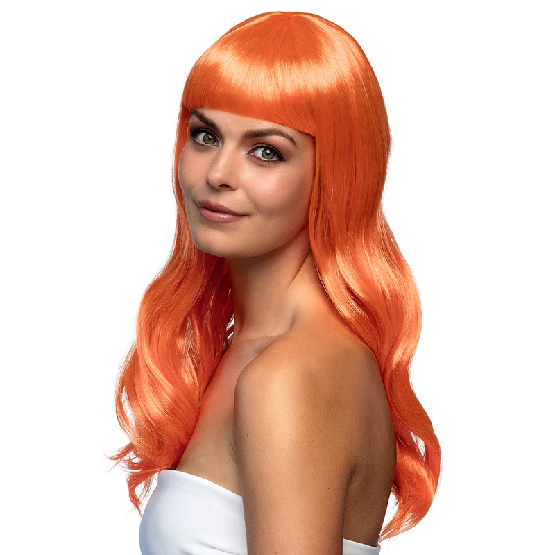 Oranje pruik lang golvend haar Chique
