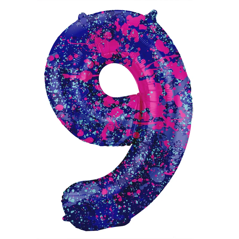 Folieballon Cijfer 9 Paint Splash Neon (86cm)