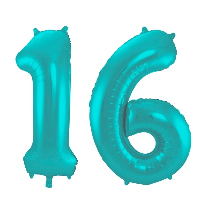 Folieballon 16 jaar metallic pastel aqua mat 86cm