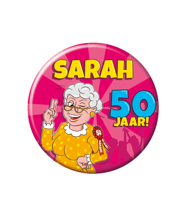Button Sarah Cartoon 50 jaar