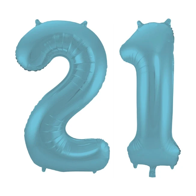 Folieballon 21 jaar metallic pastel blauw mat 86cm