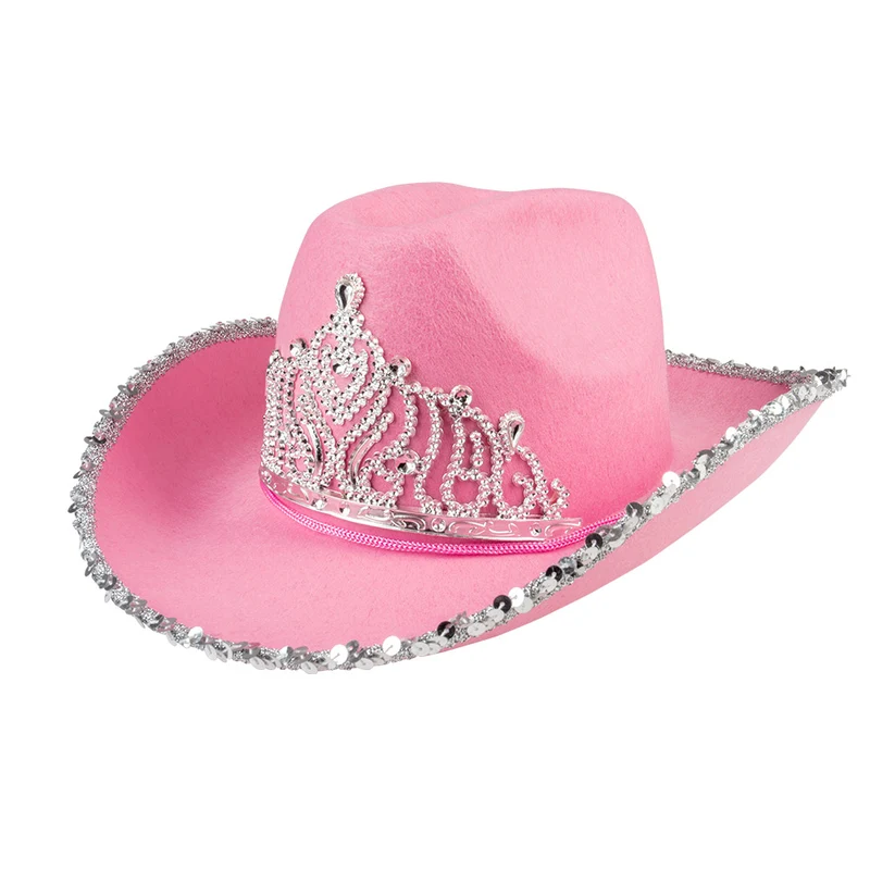 Roze cowboyhoed met kroon glimmer