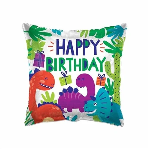 Folieballon Vierkant ’Happy Birthday’ Dino (46cm)
