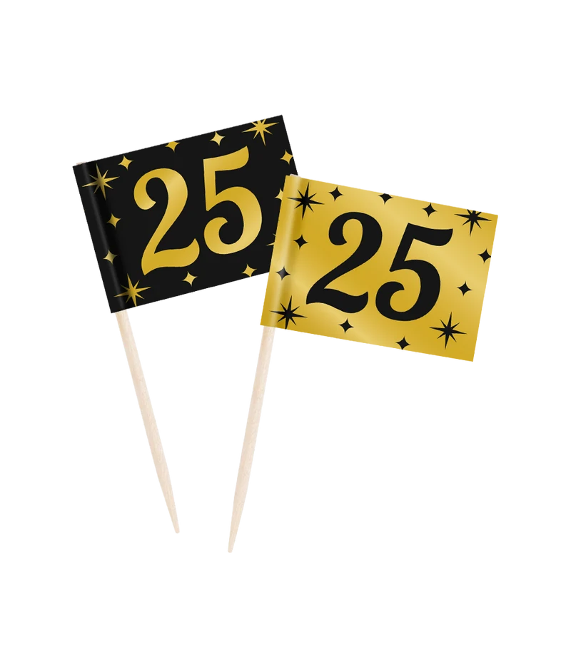 Classy Cocktail Prikkers 25 Jaar Zwart/Goud (50st)