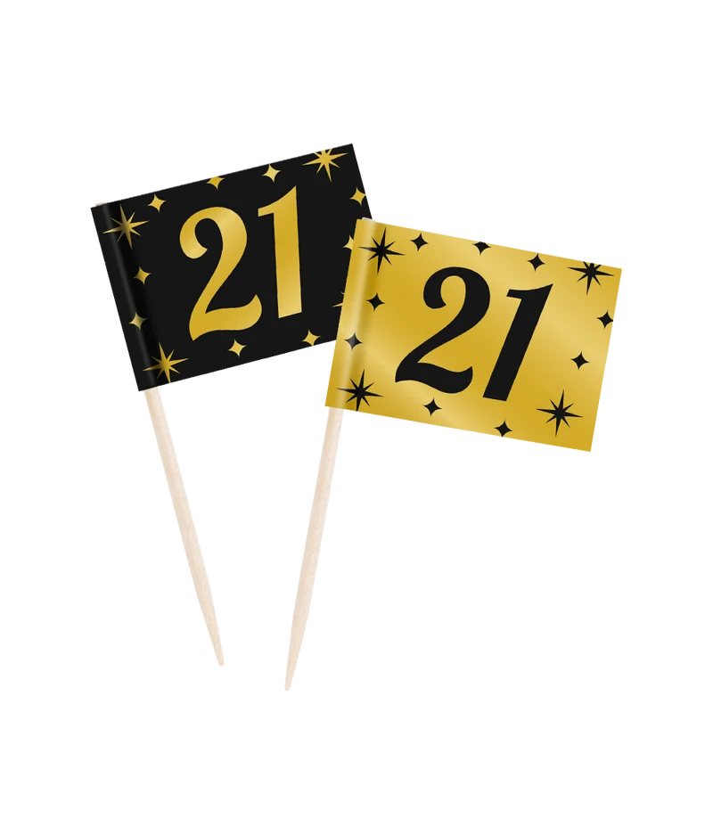 Classy Cocktail Prikkers 21 Jaar Zwart/Goud (50st)