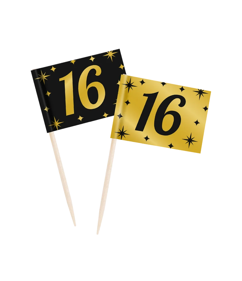 Classy Cocktail Prikkers 16 Jaar Zwart/Goud (50st)