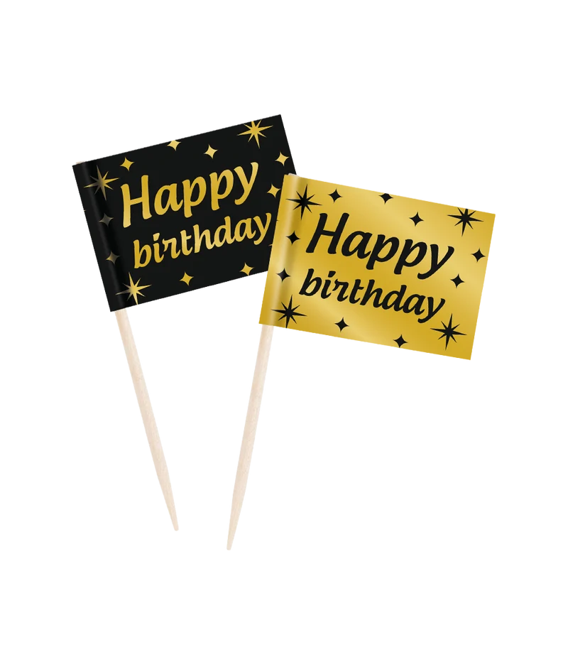 Classy Cocktail Prikkers Happy Birthday Zwart/Goud (50st)