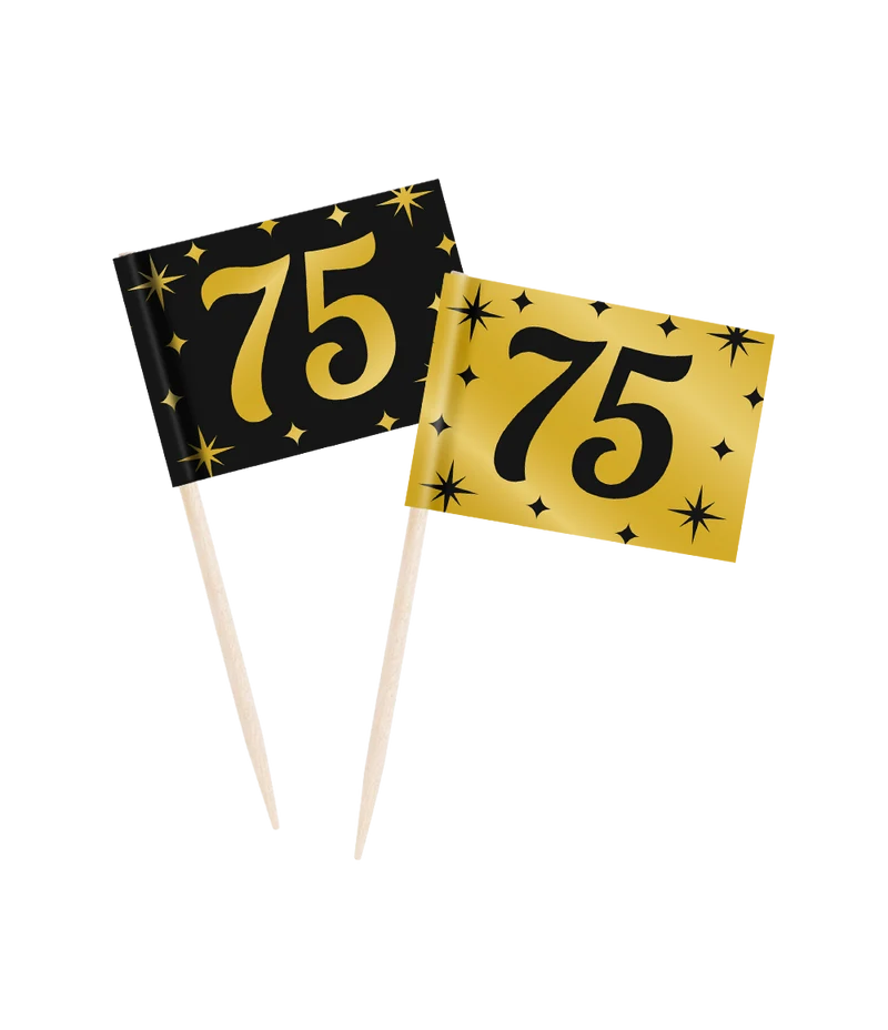 Classy Cocktail Prikkers 75 Jaar Zwart/Goud (50st)