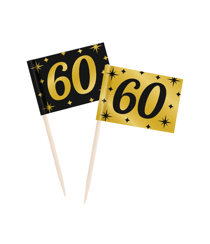 Classy Cocktail Prikkers 60 Jaar Zwart/Goud (50st)