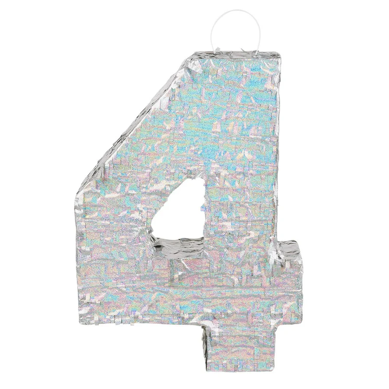 Piñata cijfer 4 holografisch zilver (40x28cm)