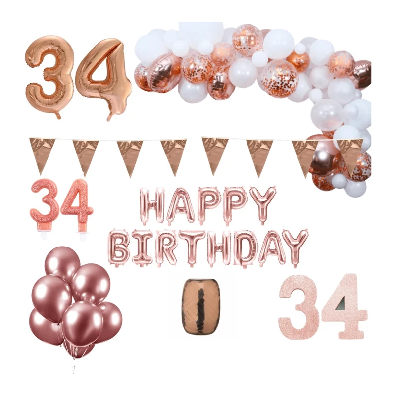 34 jaar Verjaardag Versiering Pakket Rosé goud XL