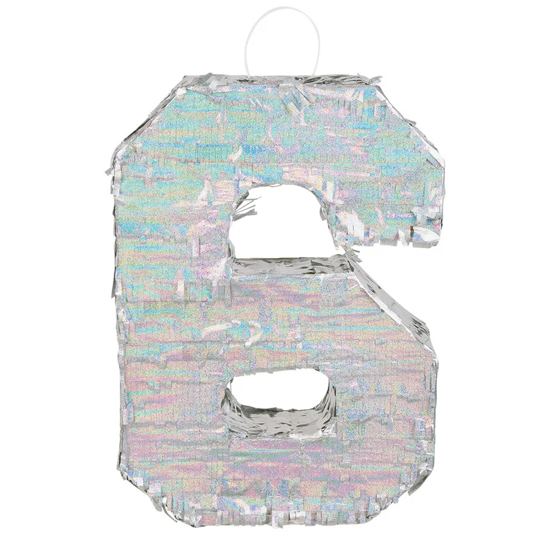 Piñata cijfer 6 holografisch zilver (40x28cm)