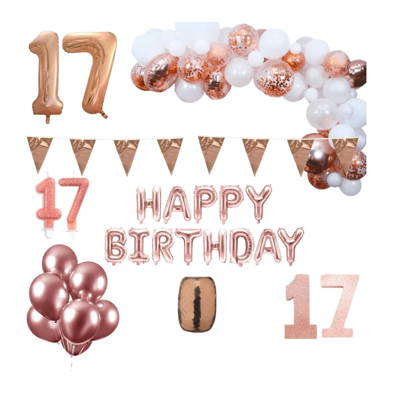17 jaar Verjaardag Versiering Pakket Rosé goud XL