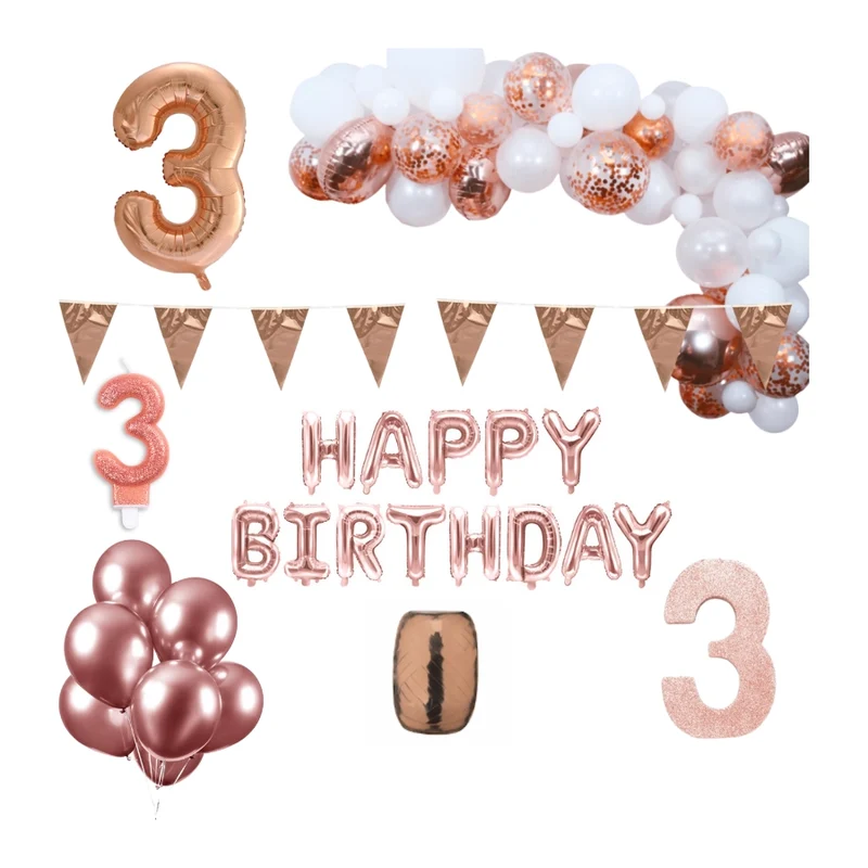 3 jaar Verjaardag Versiering Pakket Rosé goud XL