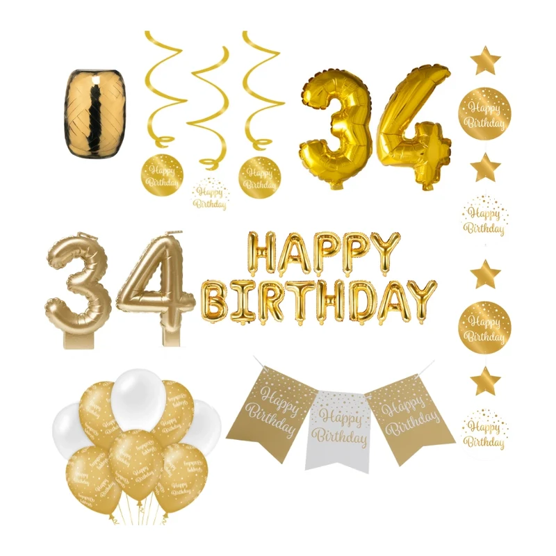 34 jaar Verjaardag Versiering Pakket Gold