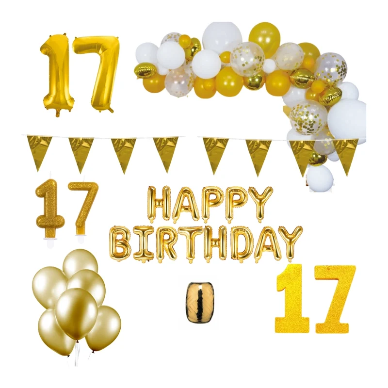 17 jaar Verjaardag Versiering Pakket Goud XL
