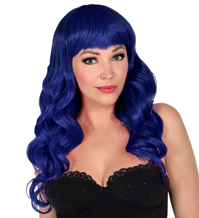Blauwe pruik met pony en krullend haar