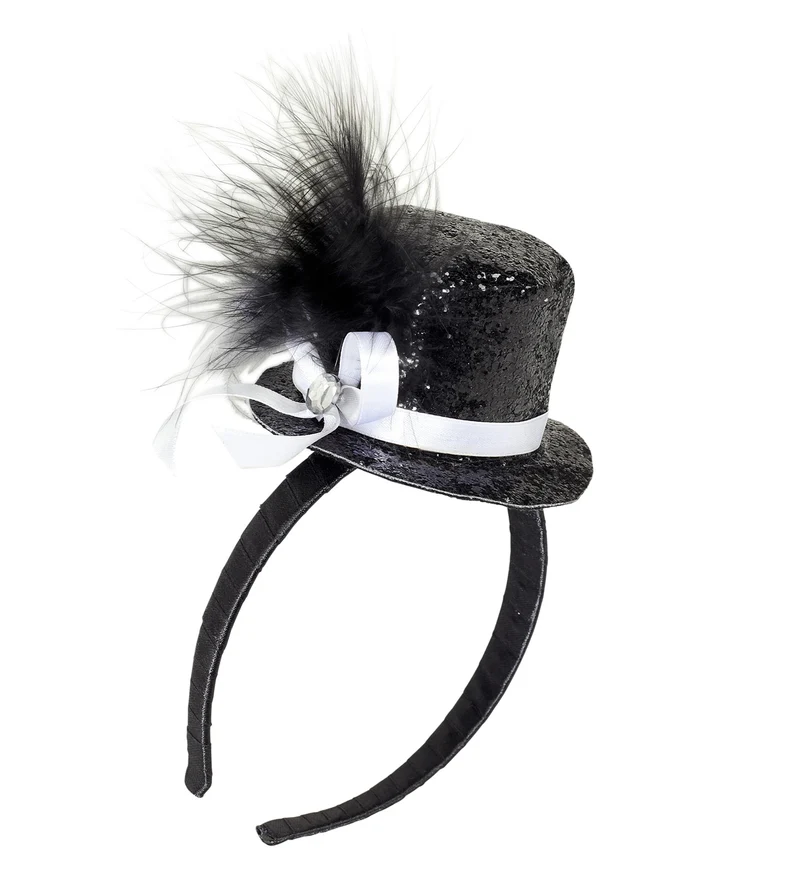Haarband glitter hoedje met veer zwart
