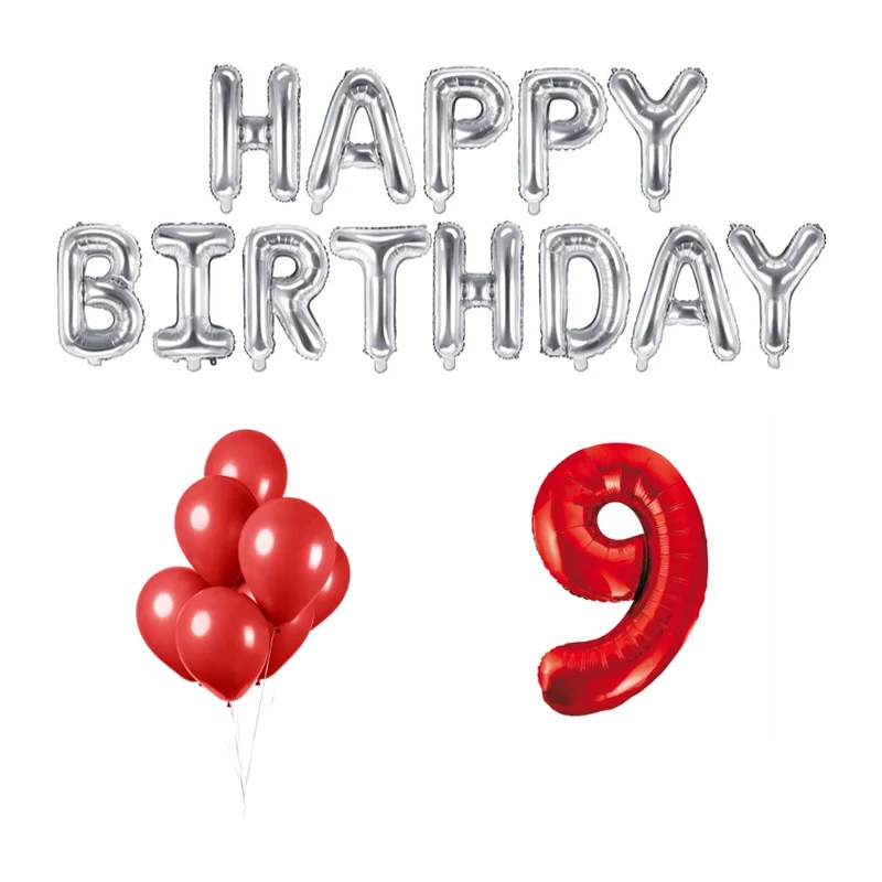 9 jaar Verjaardag Versiering Ballon Pakket rood & zilver