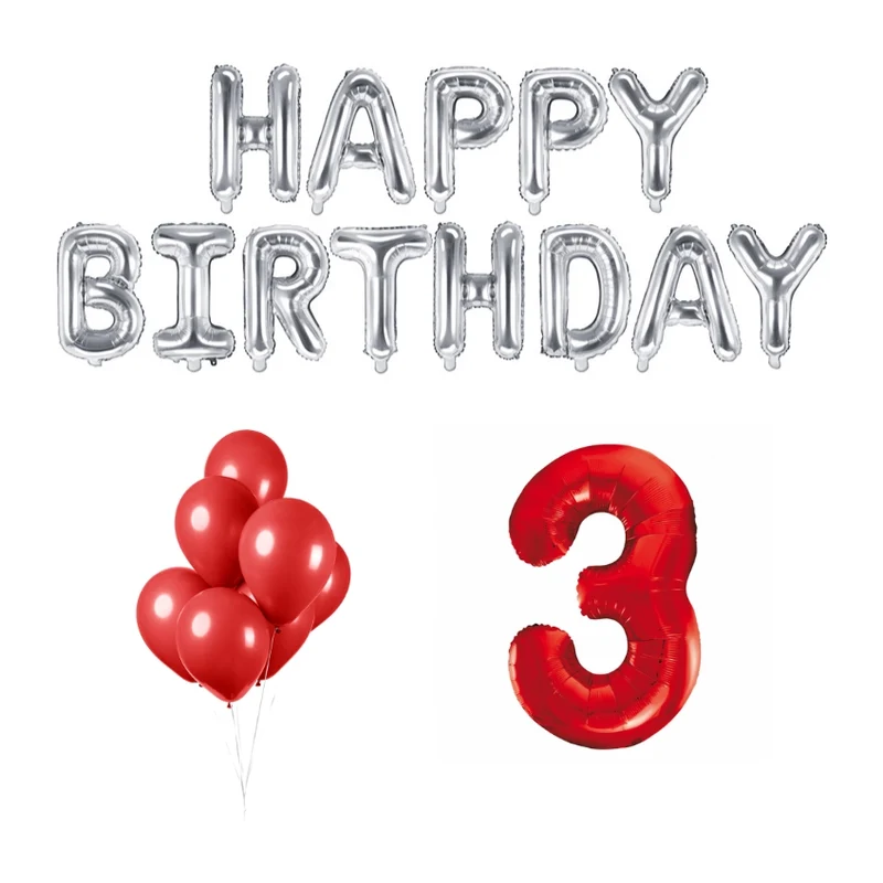 3 jaar Verjaardag Versiering Ballon Pakket rood & zilver