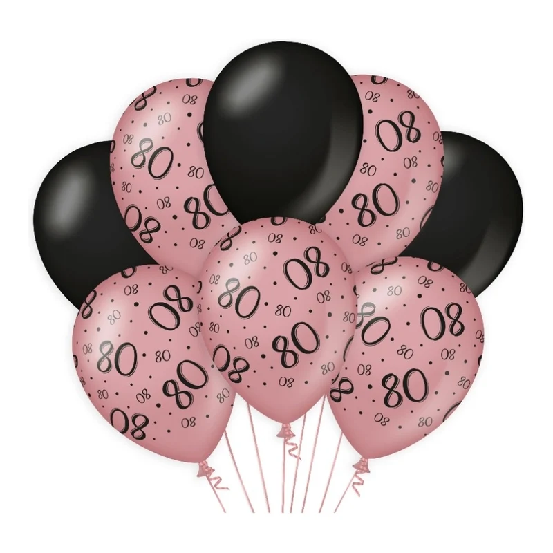 80 jaar versiering/ decoratie ballonnen rose goud en zwart, 8 stuks 30cm
