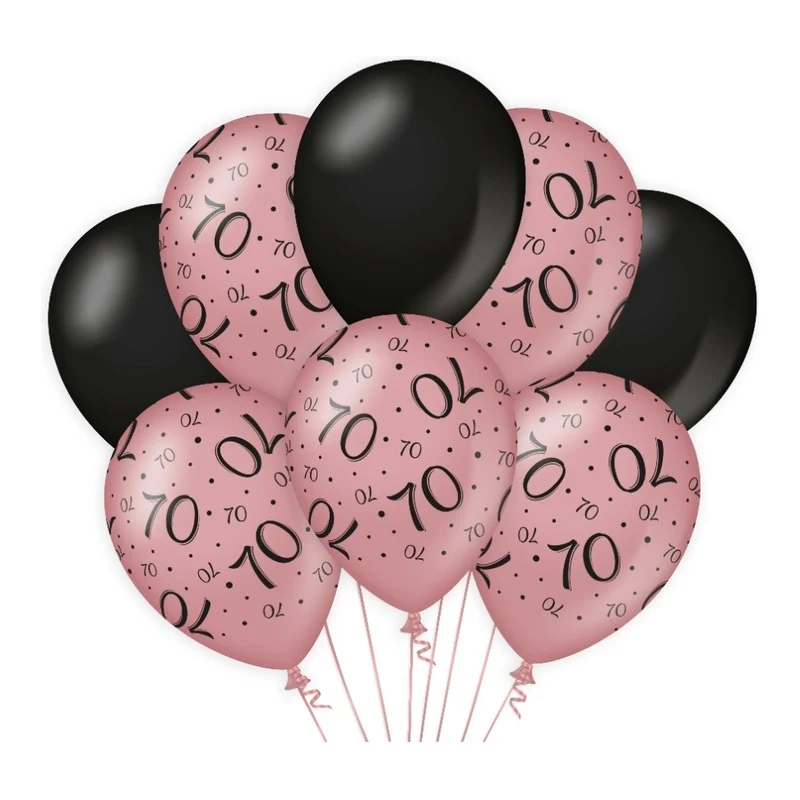 70 jaar versiering/ decoratie ballonnen rose goud en zwart, 8 stuks 30cm