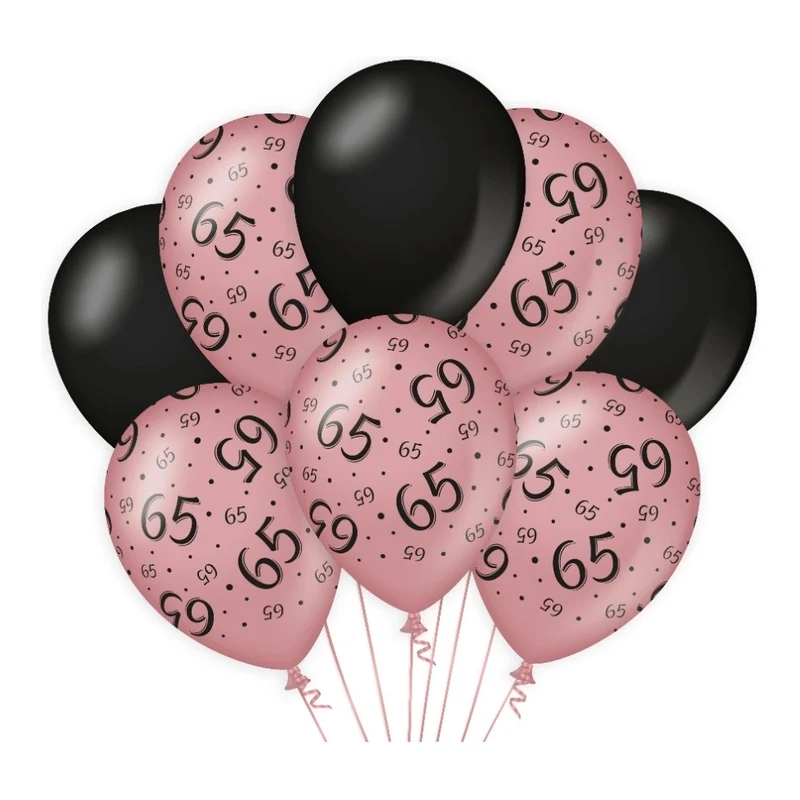 65 jaar versiering/ decoratie ballonnen rose goud en zwart, 8 stuks 30cm