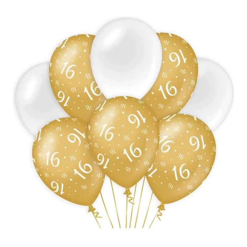 16 jaar versiering/ decoratie ballonnen goud en wit, 8 stuks 30cm