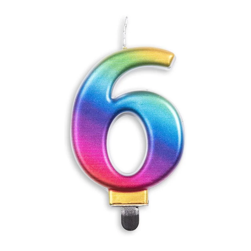 Cijfer kaars metallic regenboog nr. 6