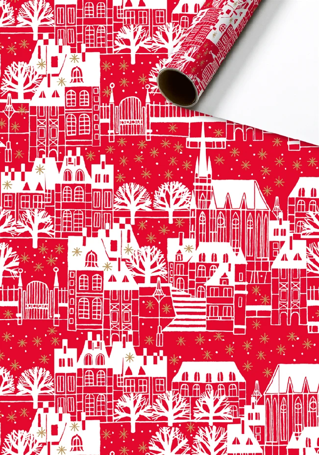 Kerstdorp Cadeaupapier Rood