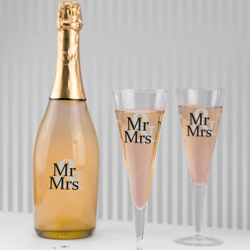 Fles en glas stickers bruiloft Mr. Mrs. 6 stuks
