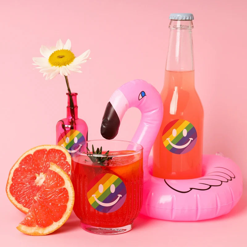 Fles en glas stickers regenboog smiley 6 stuks