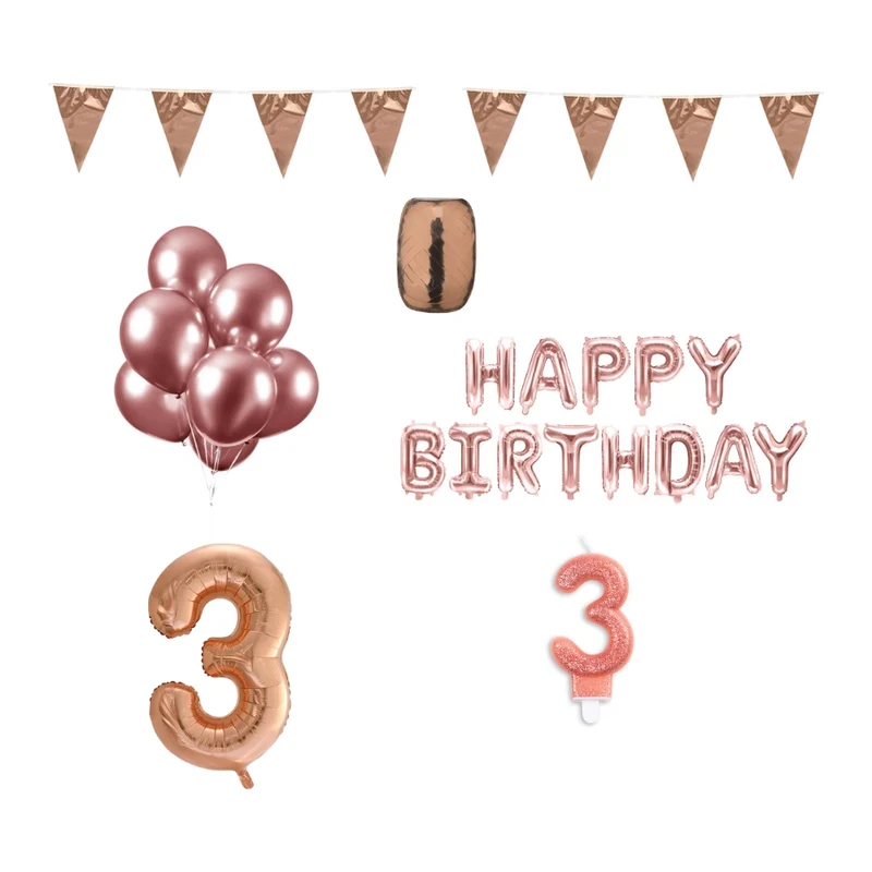 3 jaar Verjaardag Versiering Pakket Rosé Goud