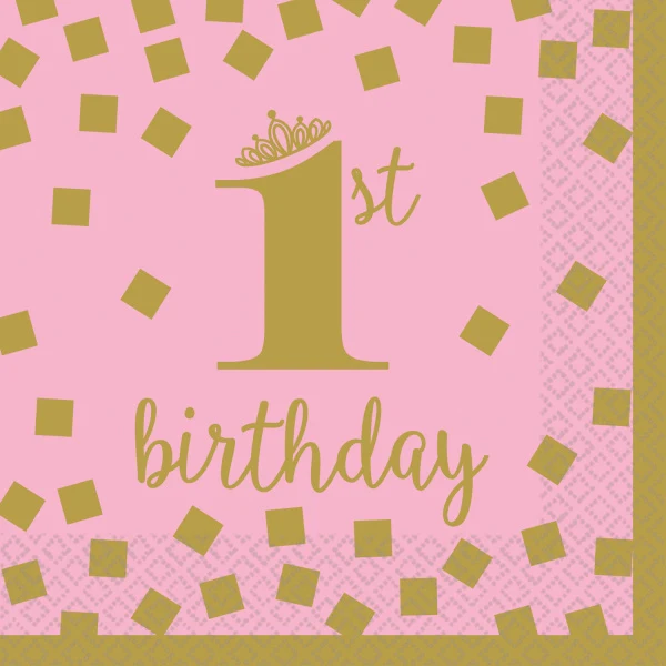 1st Birthday Servetten Roze/Goud Set (16st)