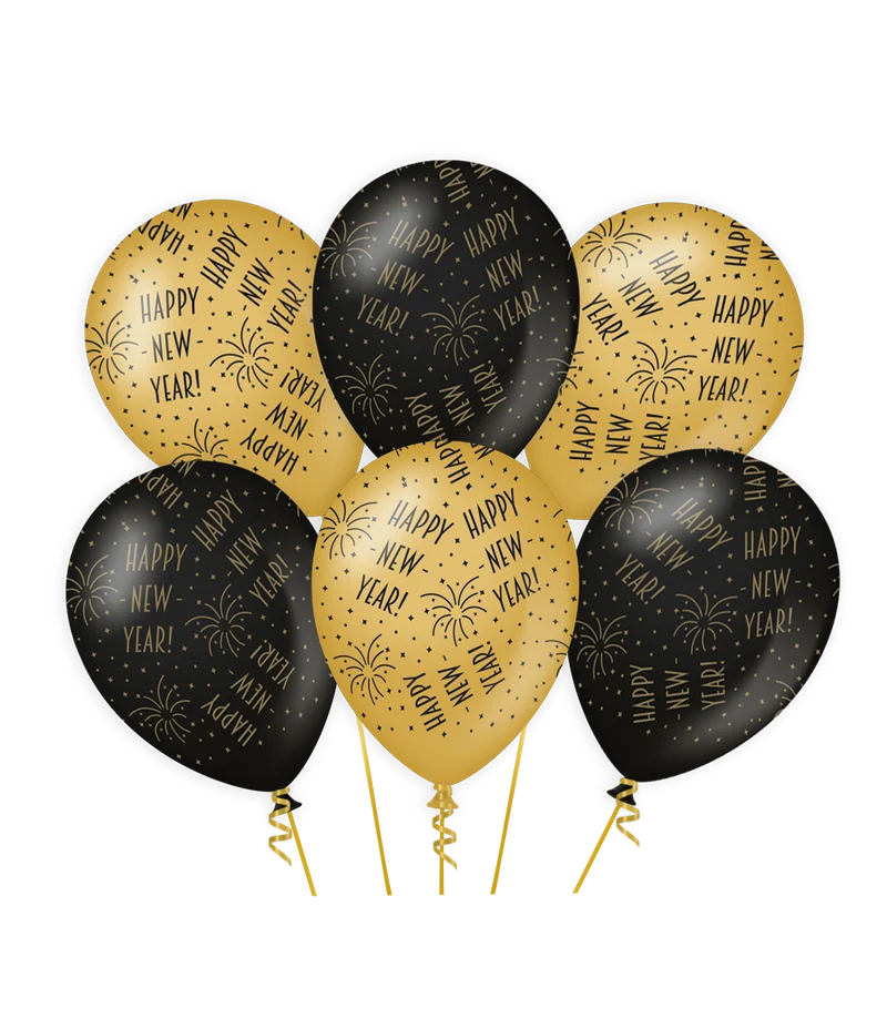 Classy Ballonnen Happy New Year Zwart/Goud (6st)