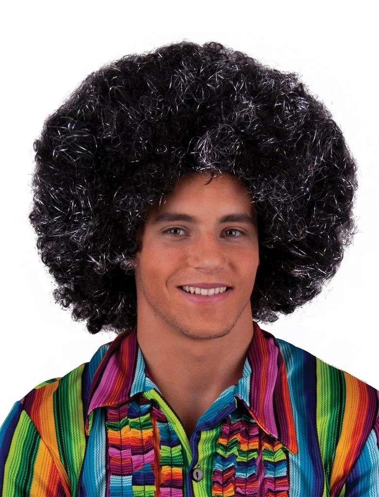 Pruik maxi afro Sam zwart zilver