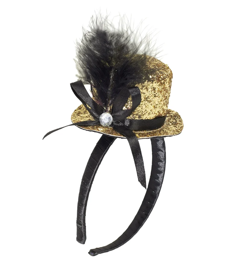 Haarband glitter hoedje met veer goud